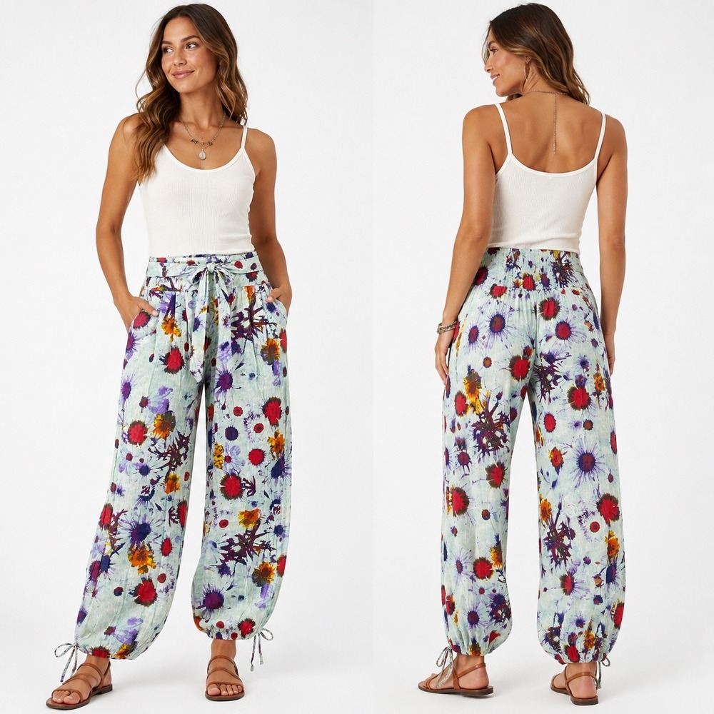 Cotton Daisy gauze Floral harem Pants NWT small boho beach resrt cottage fairy